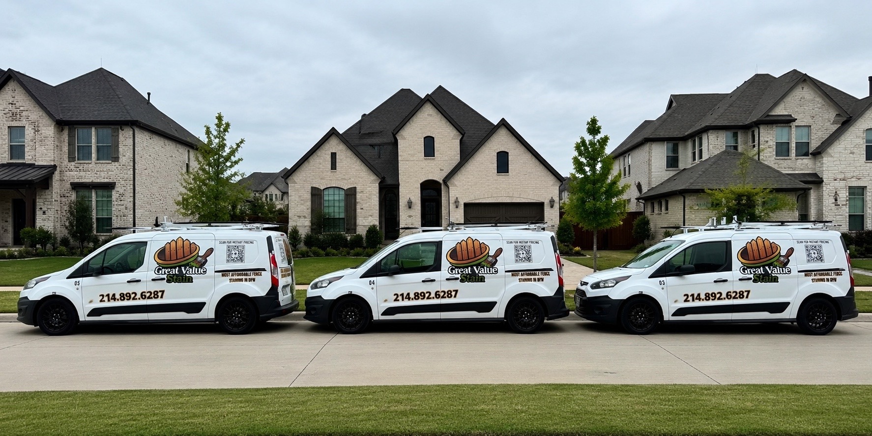 Three Great Value Stain vans lined up on a North Texas street