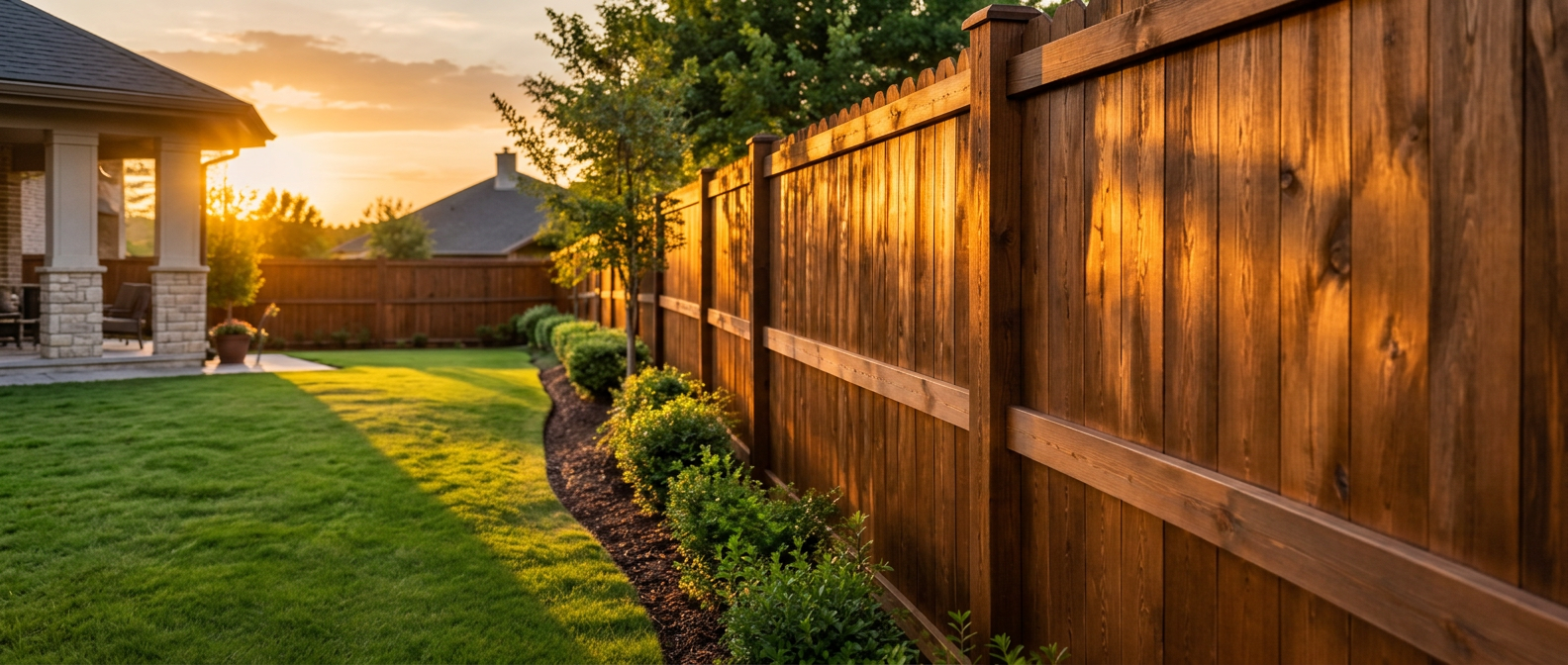 Freshly stained cedar fence beside weathered wood