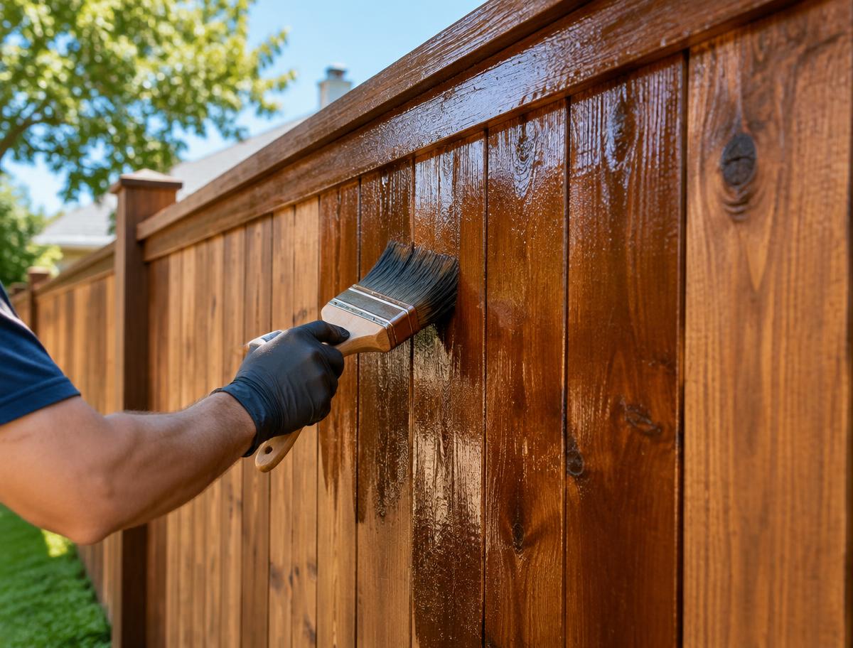 Stain being applied to a fence